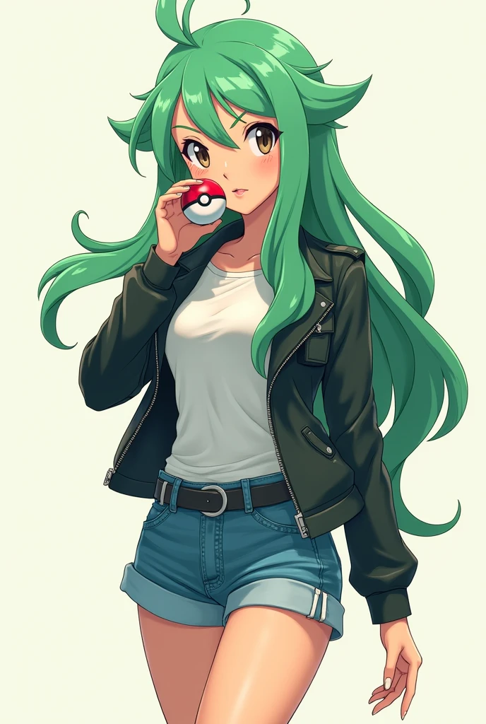 A beautiful woman wearing denim shorts, With a long-sleeved shirt and leather jacket, he has long green hair and his eyes are sharp and narrow., hold a pokeball, anime style