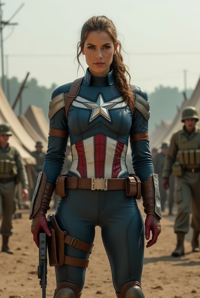 Imagine Female Captain America Costume in Side army camp, Wide Angle View,