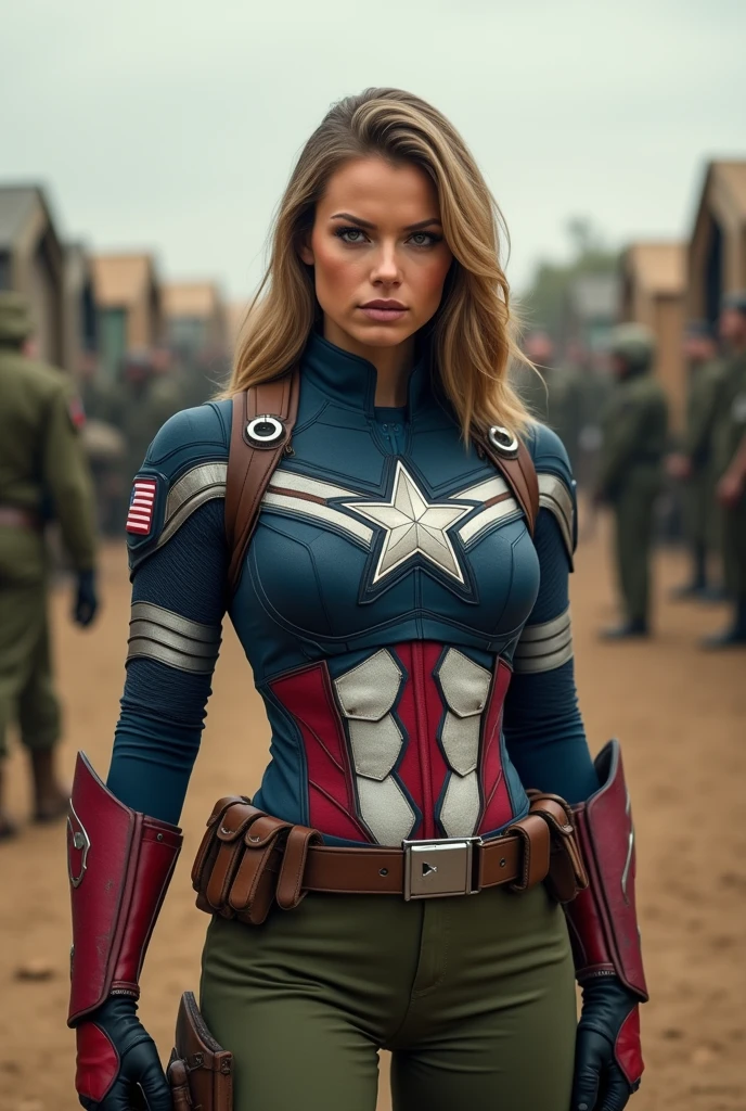 Imagine Female Captain America Costume in Side army camp, Wide Angle View,