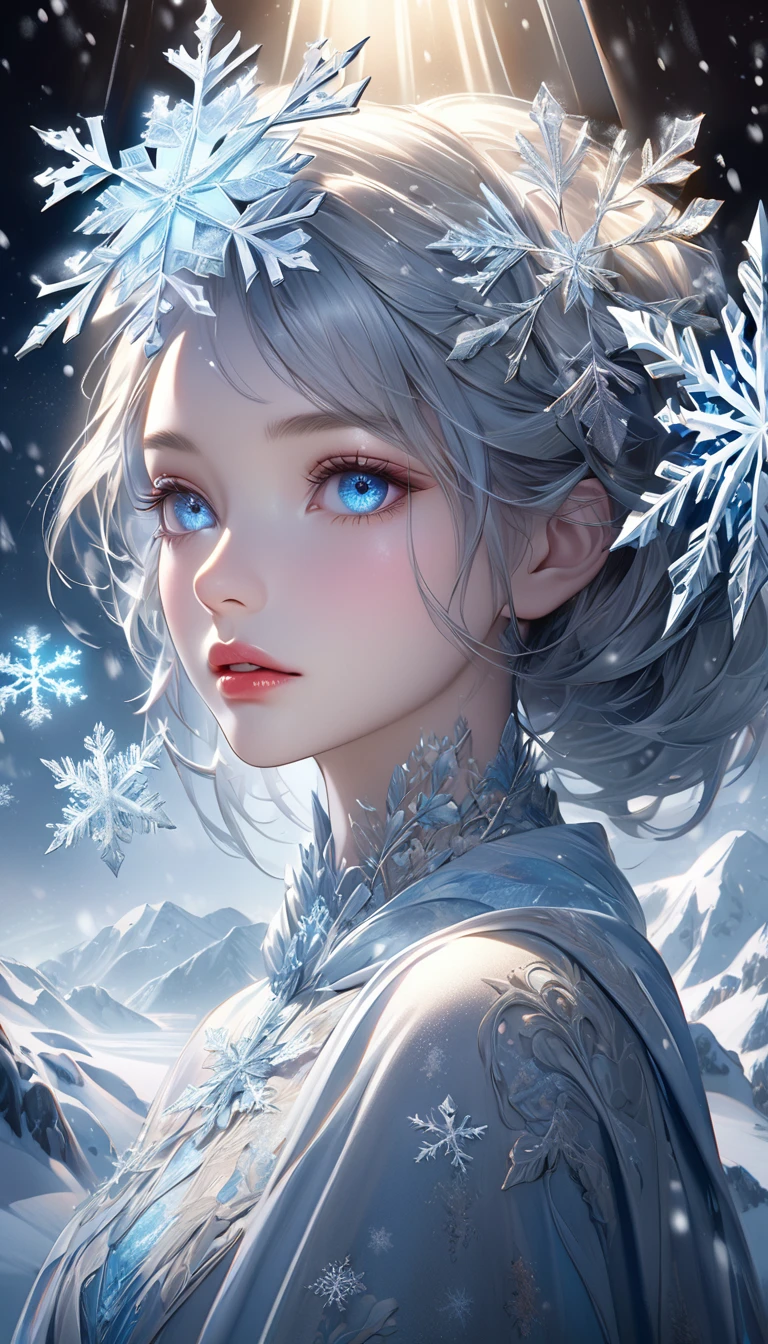 snowy landscape, dark canvas, Transparent sparkling snowflakes falling, Transparent holographic reflection, A surreal landscape made of snowflakes, Leaves viewers speechless, A beautiful world, 1 woman, detailed eyes, detailed lips, very detailed face, long eyelashes, Beautiful and detailed portraits, elegant, tranquil expression, winter, high quality, 8k, realistic, surrealist, studio lighting, Physically Based Rendering, vivid colors, movie lights, dramatic lighting, soft lighting, dramatic contrast, Glowing snowflakes, icy, winter 왕국, cold, clear, ethereal, dreamlike, mysterious, magical, fancy, concept art