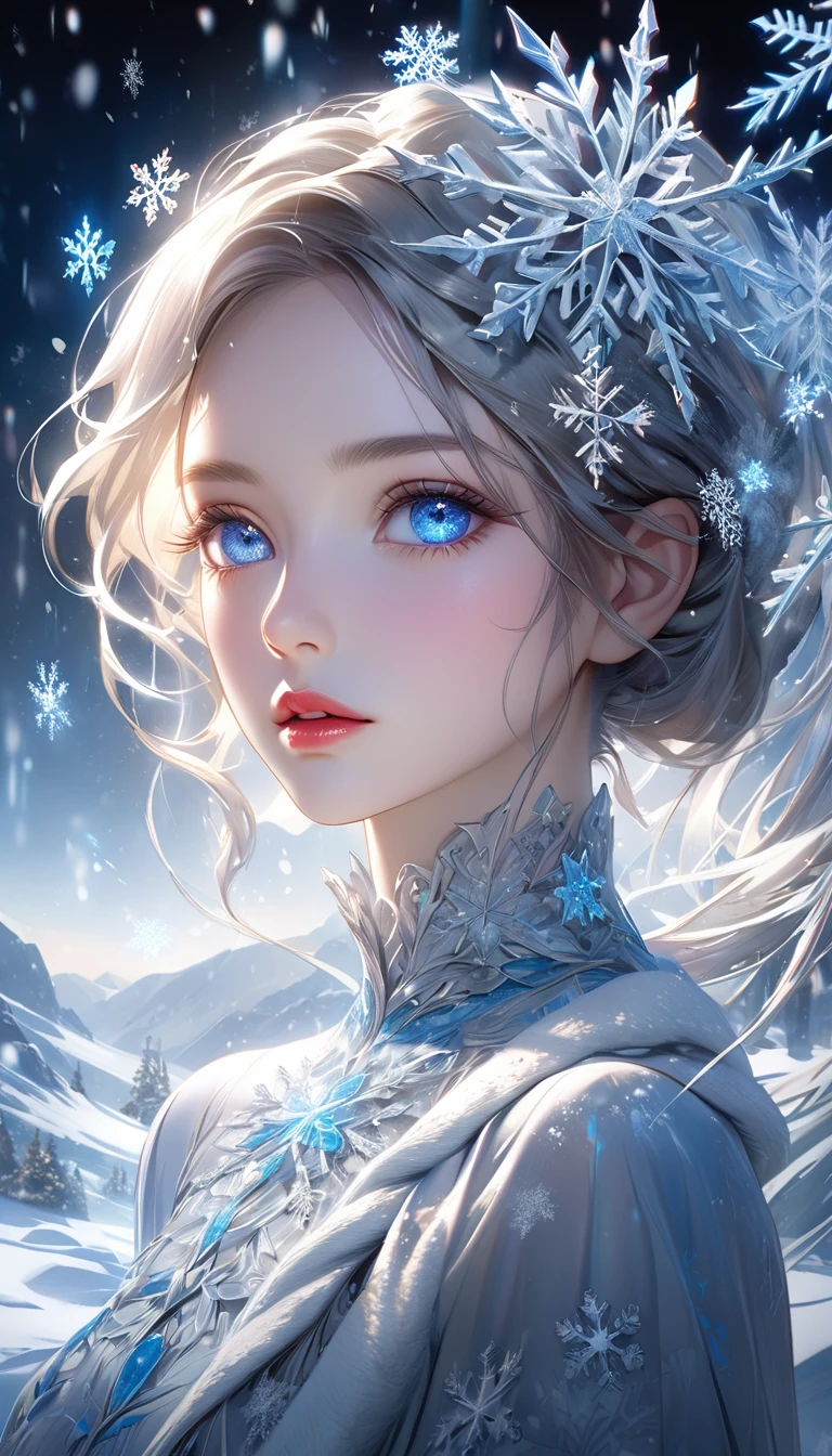 snowy landscape, dark canvas, Transparent sparkling snowflakes falling, Transparent holographic reflection, A surreal landscape made of snowflakes, Leaves viewers speechless, A beautiful world, 1 woman, detailed eyes, detailed lips, very detailed face, long eyelashes, Beautiful and detailed portraits, elegant, tranquil expression, winter, high quality, 8k, realistic, surrealist, studio lighting, Physically Based Rendering, vivid colors, movie lights, dramatic lighting, soft lighting, dramatic contrast, Glowing snowflakes, icy, winter 왕국, cold, clear, ethereal, dreamlike, mysterious, magical, fancy, concept art