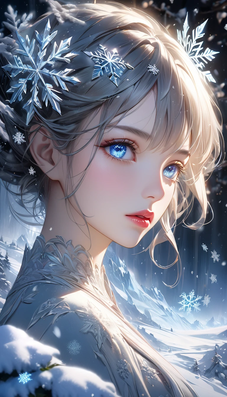 snowy landscape, dark canvas, Transparent sparkling snowflakes falling, Transparent holographic reflection, A surreal landscape made of snowflakes, Leaves viewers speechless, A beautiful world, 1 woman, detailed eyes, detailed lips, very detailed face, long eyelashes, Beautiful and detailed portraits, elegant, tranquil expression, winter, high quality, 8k, realistic, surrealist, studio lighting, Physically Based Rendering, vivid colors, movie lights, dramatic lighting, soft lighting, dramatic contrast, Glowing snowflakes, icy, winter 왕국, cold, clear, ethereal, dreamlike, mysterious, magical, fancy, concept art