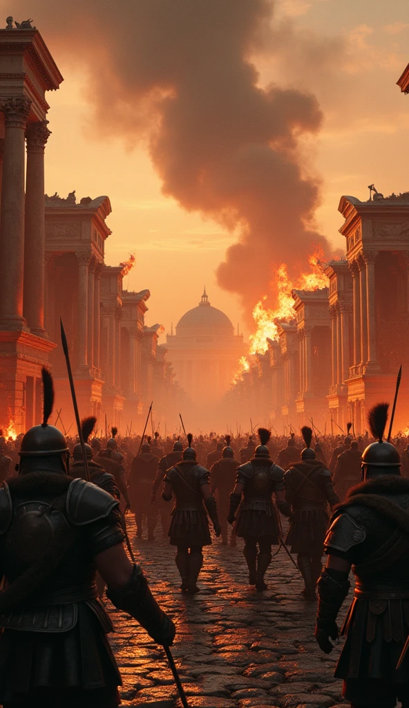 "The city of Rome in flames, ancient Roman buildings being looted by Visigoth warriors, 410 AD, Visigoths in battle-worn armor and furs, ancient Rome, chaos and destruction as the city falls, burning ruins in the background, hyper-realistic, photo realism, cinematography -- ar 9:16"