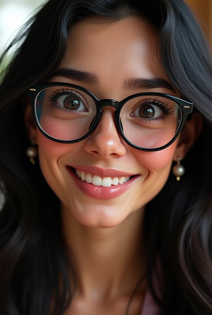 ((work of art, best qualityer, fot, skin detailed, realisitic, foto-realisitic, 8k, highly detailed, full frame, RAW color artwork with high level of detail, soft diffused lighting, shallow depth of field, sharp focus, Hyper-Realism, cinematic lighting, close up, A 40 year old woman with long, wavy black hair, wearing glasses, with big eyes in the style of Disney characters, Grinning)), edgEarPiercing, blonder woman, alone,1 girl, ring, ODS shaped ear piercing, weaanel edgEarPiercing,