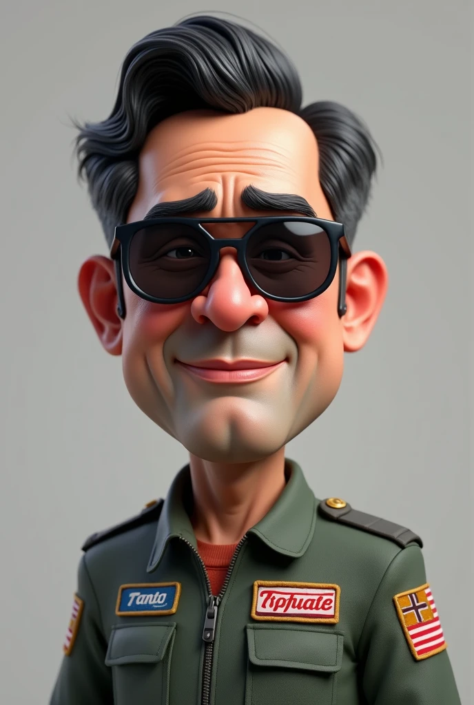 an indonesia man on his 40 , a calm yet deep face like a typical family man, top gun jet fighter pilot uniform , his name is tanto written written on his uniform left name tag, favourite trans written on right tag, using sun glasses, big head, 3d, short hair, portrait. grey background, 3d cartoon, caricature