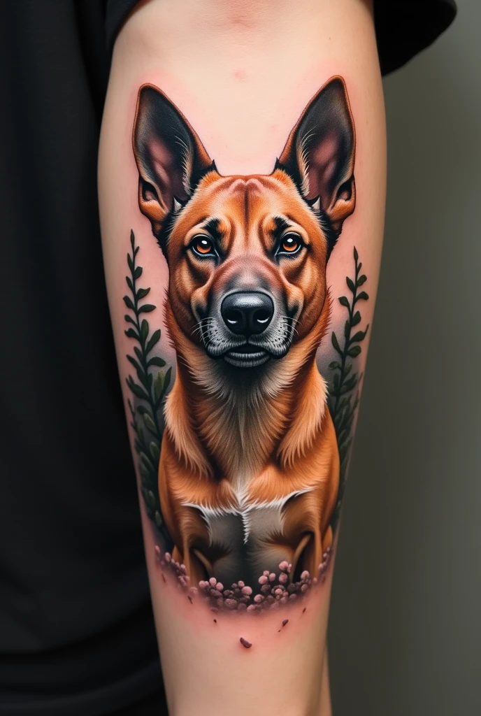 A male tattoo honoring a brown dog with its ears standing up