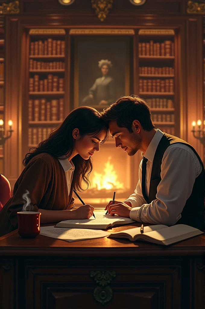A couple writing a book in their home library.