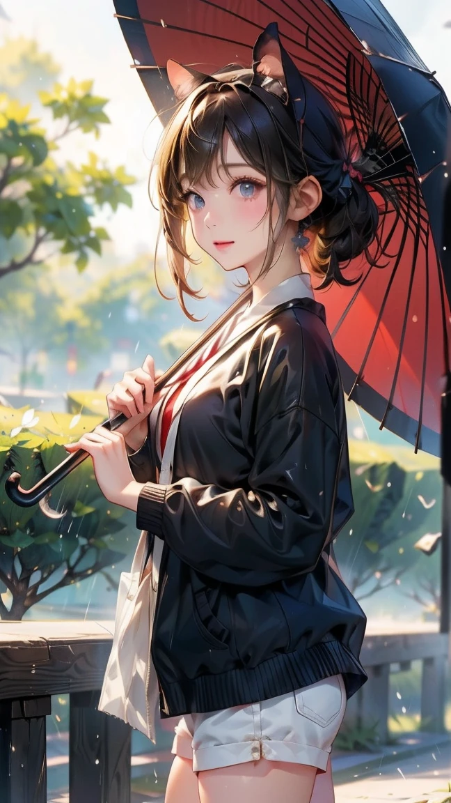 白いブラウスに黒いパンツを着た女性とCat Cat 黒と白の可愛いCat Holding a red umbrella in the park it's raining 雨が降る公園で女性とCatが同じ傘の下で雨をしのいでいる Watercolor art Catと一緒に雨宿りをする女性