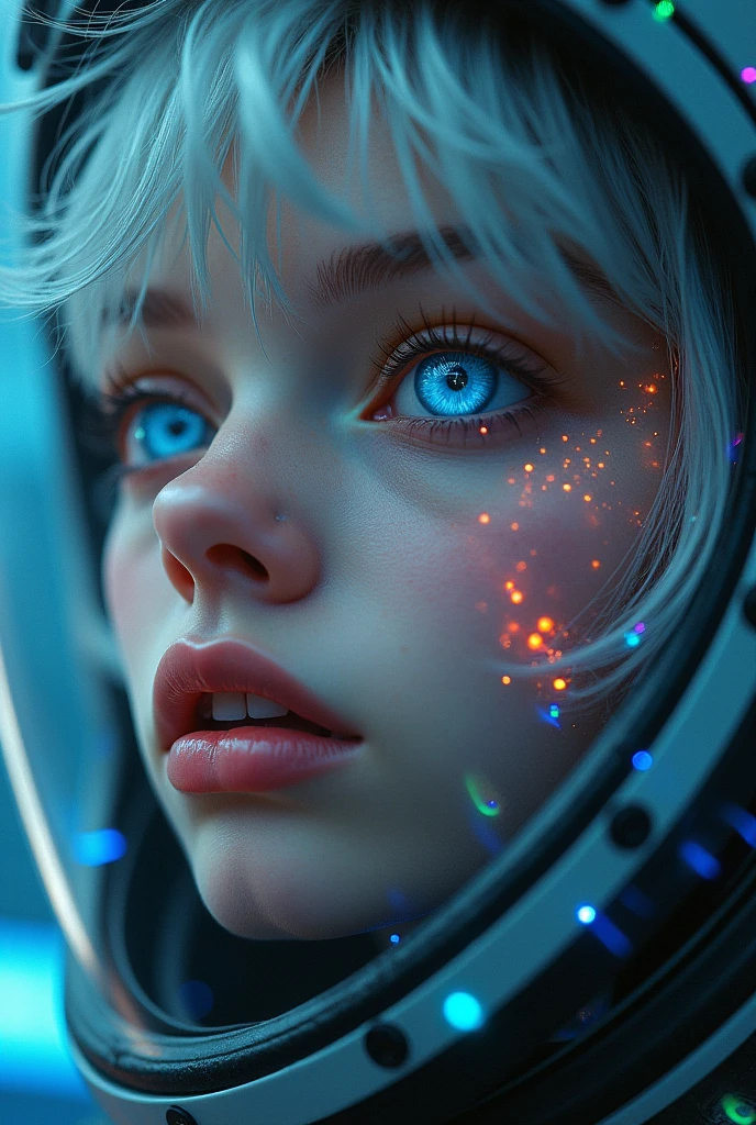 (Close-up of a better masterpiece: 1.5) 0.9], (Space and astronauts: 1.2) (Disheveled silver hair: 1.1) (Xanthochromia heterochromia and blue eyes: 1.2) (space helmet: 1.0) (colorful stars in the eyes: 1.0) (A radiant glow: 1.1) (thick lips: 0.9)