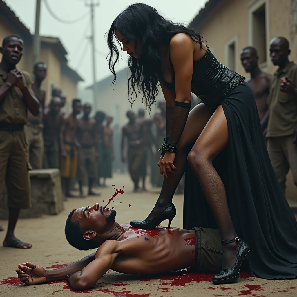 A thin, malnourished African man, lying face down, he is beated and bloody, his face is bloody, a famous, elegant, arrogant and mean gothic white woman, dressed in a gothic corset, black wavy hair, thigh high socks, high heels, stands directly on top of the African man's body, one of her heels is stabbed hard into his eyeball, her heel is going through his eye. The woman is spitting down on him. The man is screaming in agony and tearing up blood and in the background you can see beggars suffering. (((the heel of her high heel is going through his eye stabbing deep into it)))