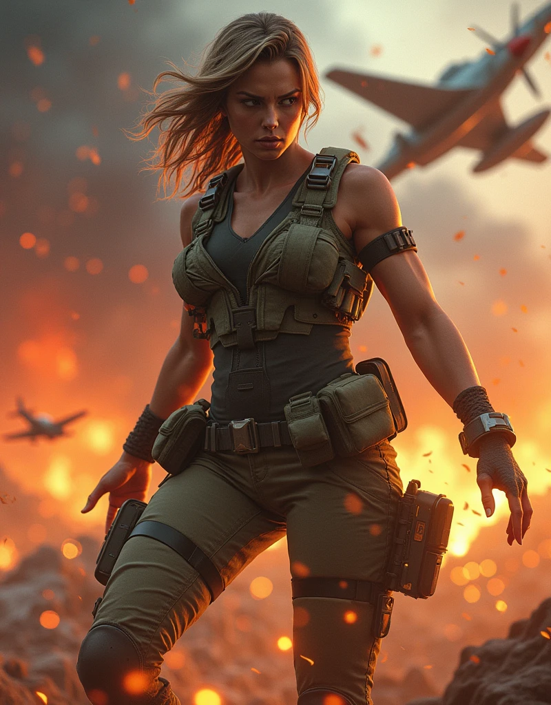 (Photorealism:1.2), Sexy woman, Female soldier attacks fighter plane in Vulcan.