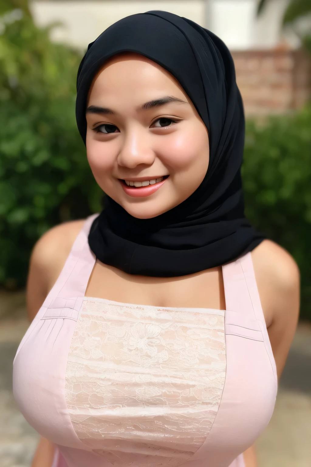 ((plump body:1.15)), adorable, 1 girl, (face to face), , baby face, happy, medium portrait, (face details: 1), (eye details:1), ((naked big breasts)). ((wearing mini apron)), .. Cute posed. proportional body. Ultra High Res. realistic: 1.4, UHD, ((hijab stylish)), lace ((Gigantic:1.319)), Cropped shirt, ((naked:1.439))