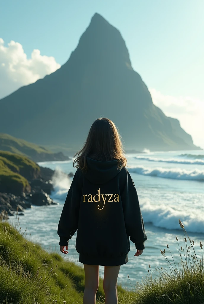 A girl stands on a plateau covered with lush green grass, her back facing the camera. He wore a black hoodie that contrasted with the natural surroundings. On the back of his hoodie, there is luxurious, shining gold writing that reads "RADYZA". The text stands out, as if exuding elegance amidst the serene landscape. In the distance stretches the vast sea with waves breaking on the rocks. You can see a tall mountain rising majestically, seen from the girl's perspective. At the foot of the mountain you can see standing firmly a line of vague sentences with the words "STARMAKER" in white, with letters designed with a horror theme, adding to the impression of mystery. The girl stared at the mountain in awe, while her arms stretched towards the sky, as if embracing the majesty of nature that lay before her.