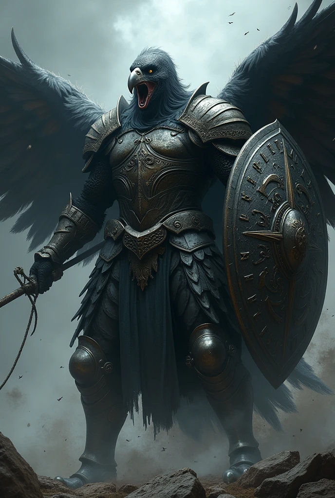 monstrous transformation in pain of an darker were eagle man in a full plate who is weilding a whip and a shield in a bottom vue angle for a pathfinder character