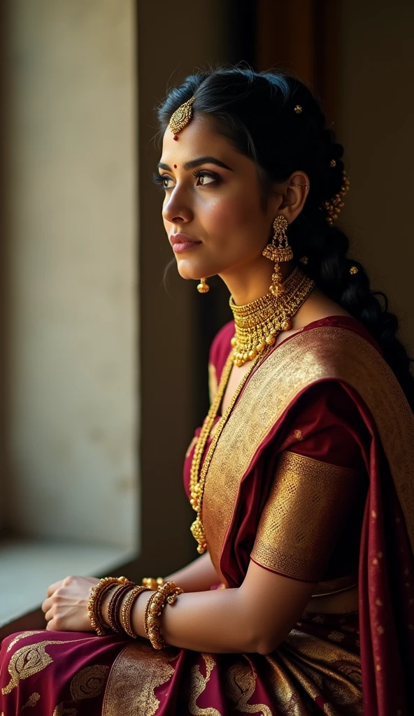 Seated on a low stool, in a maroon and gold saree, her hair in an elaborate braided updo. She wears heavy gold jewelry and looks thoughtfully into the distance in full HD quality face show in camera 