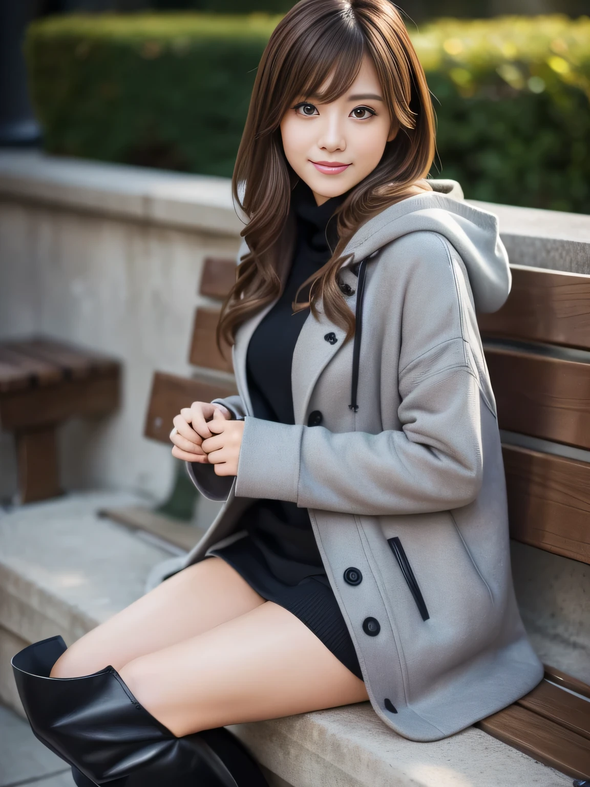 (masterpiece), (best quality, ultra-detailed, hyperdetailed, realistic), sharp features, highly detailed, sharp focus, Realistic, Photorealistic:1.3, perfect face, perfect symmetrically eyes, perfect lips, hyper detailed, hyper realistic, high resolution, Japanese model sitting on a park bench, (Standing posture), Fashion Model, Instagrammer, (19yo:1.3), Slender, brown hair, Stylish, Beautiful Face, light brown hair, messy hair, diagonal bangs, (seductive smile), (looking at viewer), cinematic lighting, blurred background, be photographed from the top of one's knees up,
BREAK,
(black boots and a gray coat, wearing an oversized hoodie), (high boots, knee-high boots, over-knee boots, leather boots, platform boots),