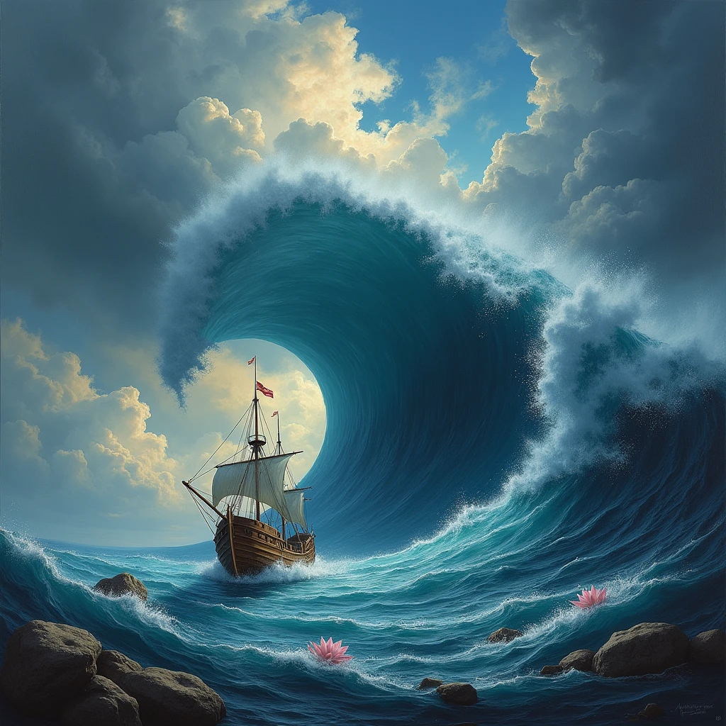 live((oil paintings ))landscape paint,acrylic painting,brush strokes,unparalleled realism,ultra wide,threatening sky,sailing boat,wooden shipbuilding,lotus,onda gigante,stary night,Harry Potter,volumetric lighting,clearing,realisitic,James Gurney,art station,((Oil drawing))