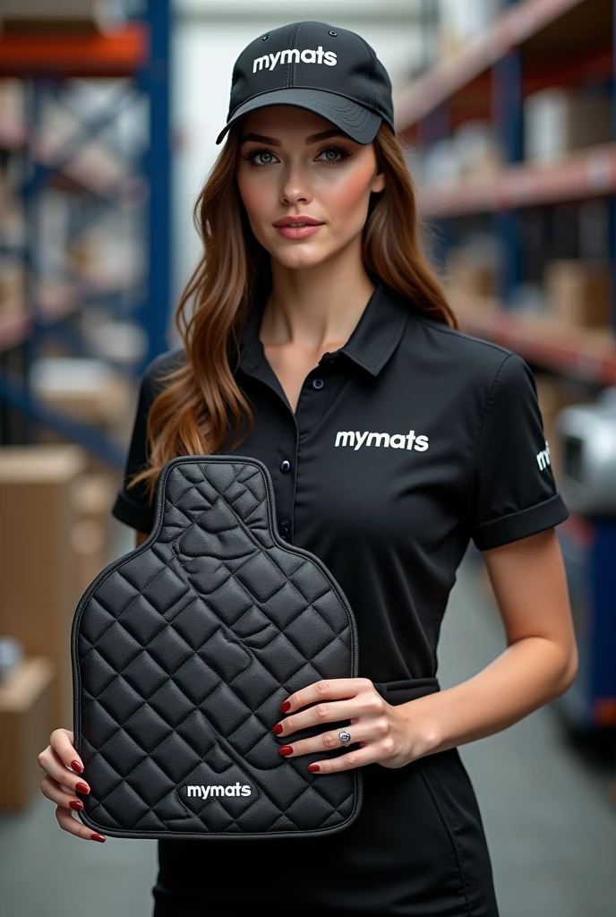 A hyper-realistic image of a beautiful young woman with a model-like appearance and a stunning figure, standing confidently in a professional automotive service center. She is wearing a branded uniform consisting of a jumpsuit, cap, and T-shirt. Both the jumpsuit and cap are emblazoned with the "MYMATS" logo. The woman is holding and showcasing an automotive 3D car mat made of black eco-leather to the camera. She is displaying a driver's side mat with high edges and an extended flap that covers the floor along the door sill. The mat features diamond quilting in white thread, with each diamond uniformly sized. The mat is also embroidered with the word "MYMATS" in large, bold golden letters. Behind her, the blurred background reveals a warehouse with shelves displaying other company products, adding depth and context to the scene.