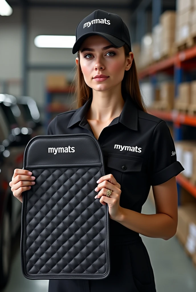 A hyper-realistic image of a beautiful young woman with a model-like appearance and a stunning figure, standing confidently in a professional automotive service center. She is wearing a branded uniform consisting of a jumpsuit, cap, and T-shirt. Both the jumpsuit and cap are emblazoned with the "MYMATS" logo. The woman is holding and showcasing an automotive 3D car mat made of black eco-leather to the camera. She is displaying a driver's side mat with high edges and an extended flap that covers the floor along the door sill. The mat features diamond quilting in white thread, with each diamond uniformly sized. The mat is also embroidered with the word "MYMATS" in large, bold golden letters. Behind her, the blurred background reveals a warehouse with shelves displaying other company products, adding depth and context to the scene.