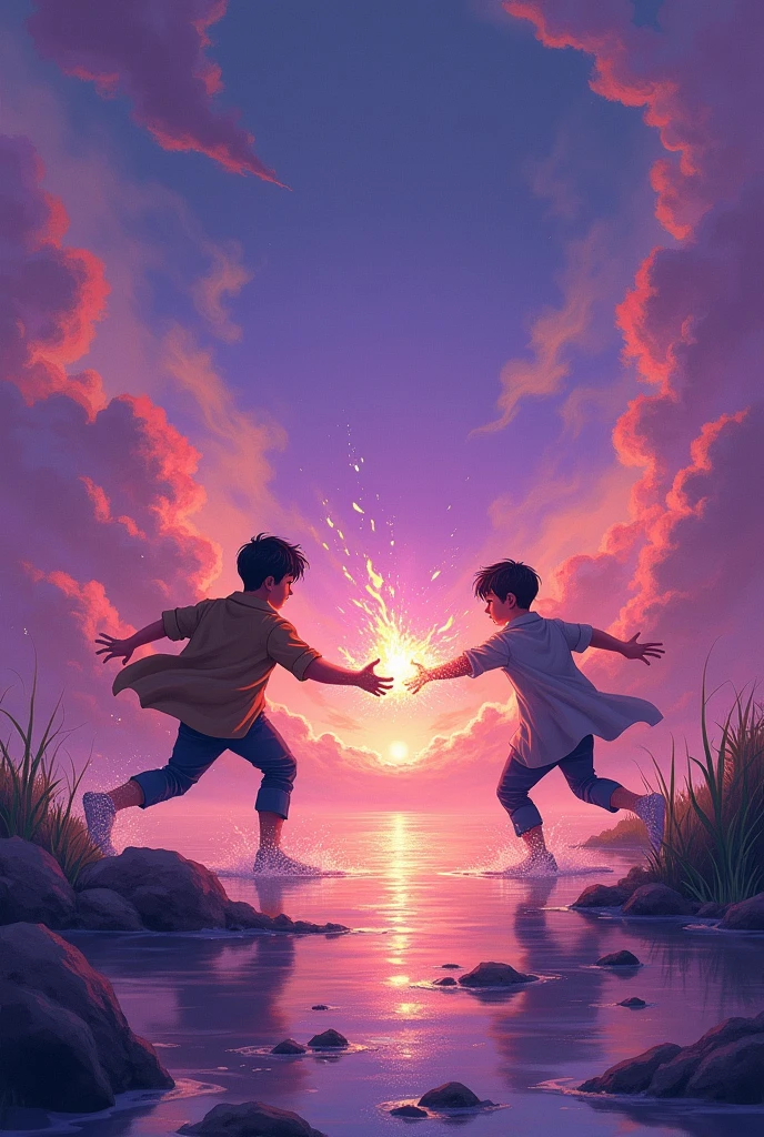 The sky surrounded by water and sky clouds is purple in color, two boy are fighting and fire is coming out of their hands.