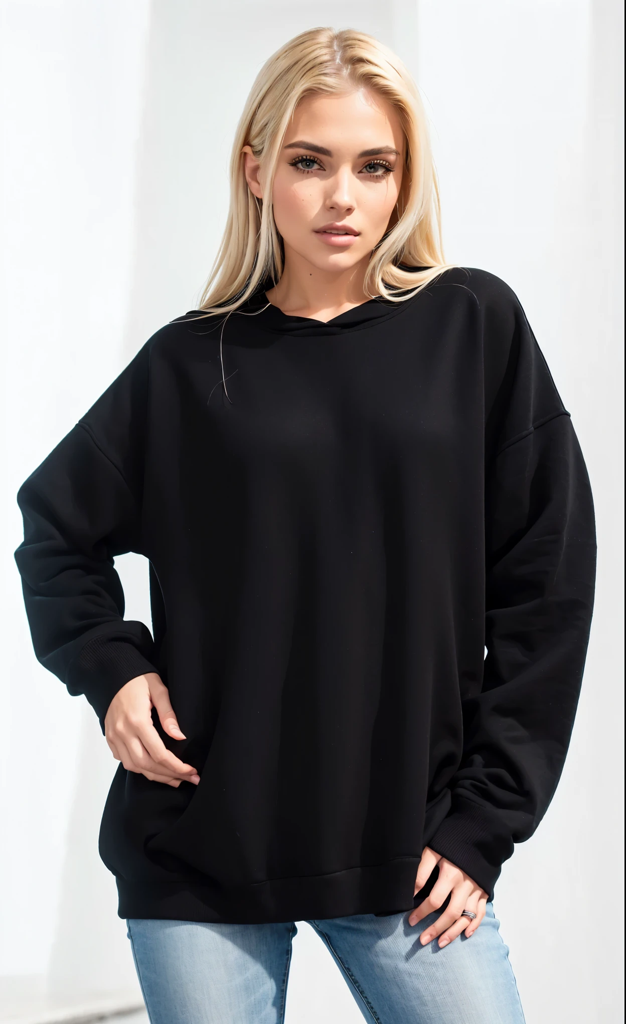 a woman in a black sweatshirt and jeans poses for a picture, black oversized clothes, black sweater, stylish dark dress, in a black hoodie, dark dress, casual black clothing, black tunic, wearing a black sweater, long shirt, black dress, dressed black hoodie, black clothes, black wool sweater, black clothing, wearing black clothes, full black dress, dark black dress