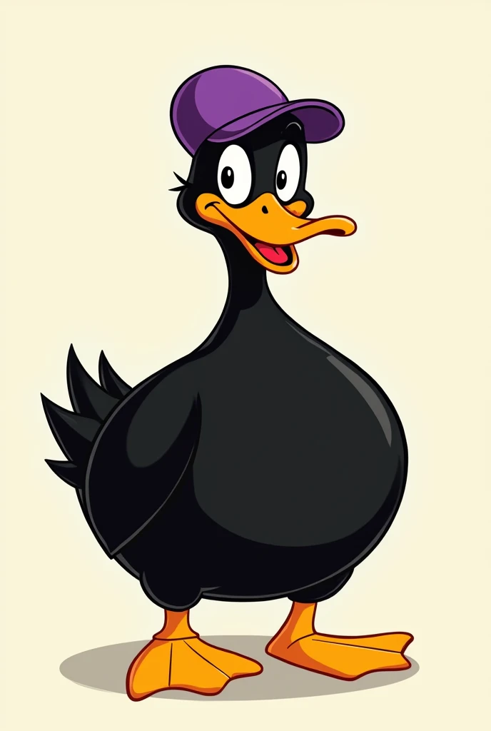 Create me a cartoonish 50s black duck with a purple cap