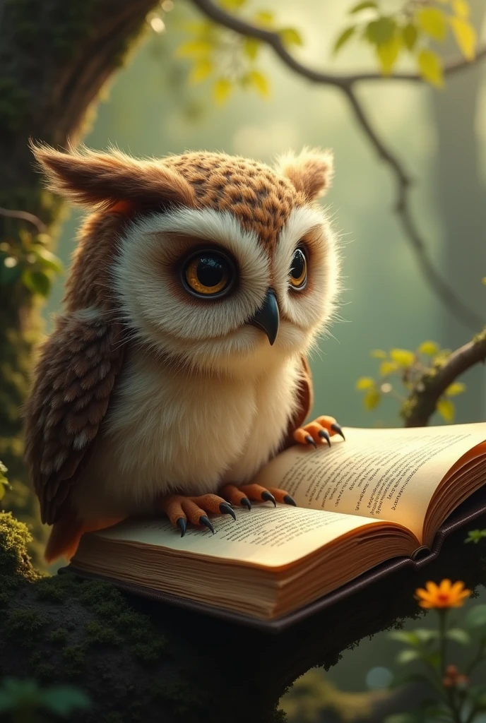 Little owl reading a book