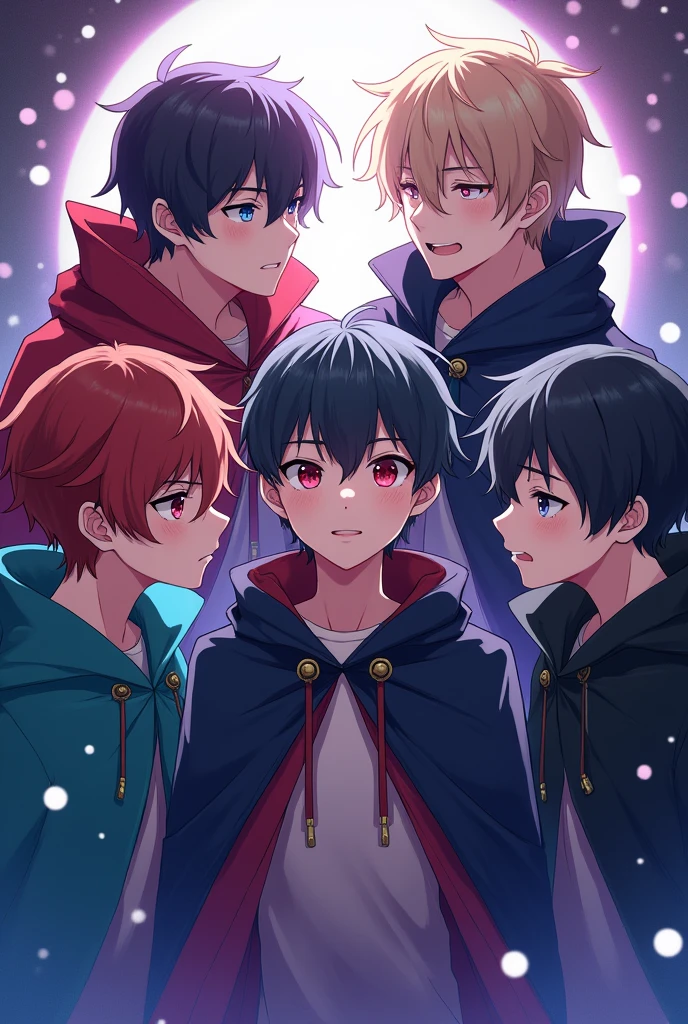 Four young men with different personalities surround a sweet-faced young man.. They are wearing cloaks.. magic. magic. Fantasy. Fantasy. The people surrounded have cute faces.. One of the people surrounding him had a fierce face.. The second one has an annoying face.. The third person has a handsome face.. People with sharp features look a little scary.. anime. magical world. magical world. Four young male characters surround a single, sweet-faced young man with ruby red eyes.. Four young men are infatuated with the same young man, with multi-colored eyes and multi-colored hair.
