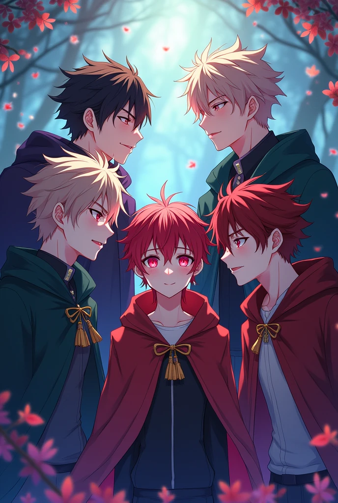 Four young men with different personalities surround a sweet-faced young man.. They are wearing cloaks.. magic. magic. Fantasy. Fantasy. The people surrounded have cute faces.. One of the people surrounding him had a fierce face.. The second one has an annoying face.. The third person has a handsome face.. People with sharp features look a little scary.. anime. magical world. magical world. Four young male characters surround a single, sweet-faced young man with ruby red eyes.. Four young men are infatuated with the same young man, with multi-colored eyes and multi-colored hair.