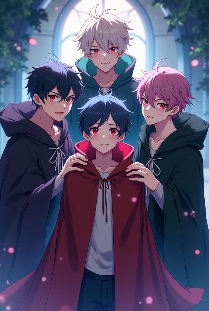 Four young men with different personalities surround a sweet-faced young man.. They are wearing cloaks.. magic. magic. Fantasy. Fantasy. The people surrounded have cute faces.. One of the people surrounding him had a fierce face.. The second one has an annoying face.. The third person has a handsome face.. People with sharp features look a little scary.. anime. magical world. magical world. Four young male characters surround a single, sweet-faced young man with ruby red eyes.. Four young men are infatuated with the same young man, with multi-colored eyes and multi-colored hair.