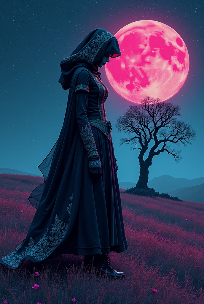 In a mesmerizing blend of Prussian Blue and Bright Pink, this geometric abstract art piece captures the essence of a Folkoric Emo Priestess wearing a dark, flowing gown with intricate embroidery, paired with lace-up boots, a hooded cloak, and fingerless gloves. Seen from the side, her outfit is both striking and ethereal, with a grainy Xerox grudge effect adding a touch of mystery. In the background, a lone, twisted tree stands tall, its branches reaching towards the cosmic backdrop like a surreal, otherworldly sentinel. The image is a high-resolution photograph, showcasing intricate details and vibrant colors that pop against the starry night sky. The overall composition exudes a sense of otherworldly beauty and depth, drawing the viewer into a realm of surreal elegance and intrigue. (Duotone:5).