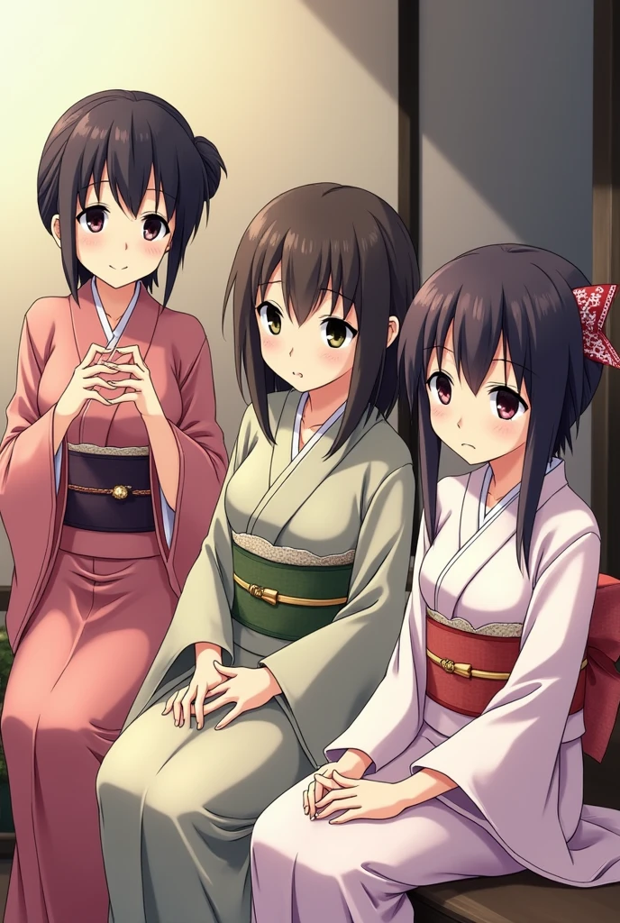 Kimono Girls、Demure、Lady、moderate、Kimono Beauty、Anime-style expressive faces、bow、Troubled face、Beautiful features、Studying