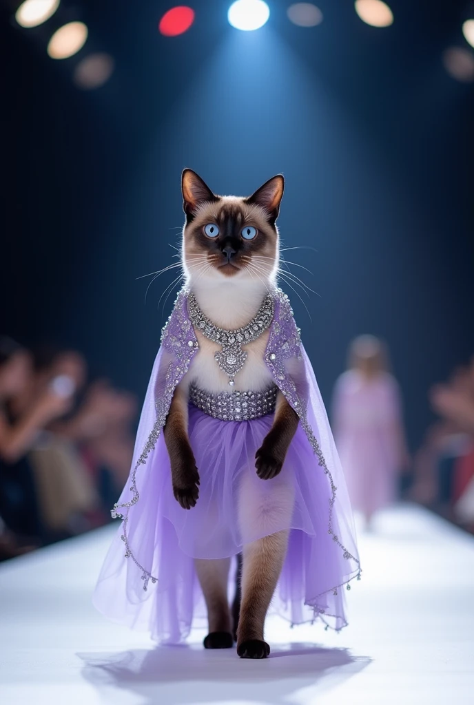 "A sleek Siamese cat showcases a lavender lehenga with silver details, walking gracefully on two legs on a well-lit runway. The cat's matching silver jewelry glistens under the lights, while the audience admires her beauty and takes photos."