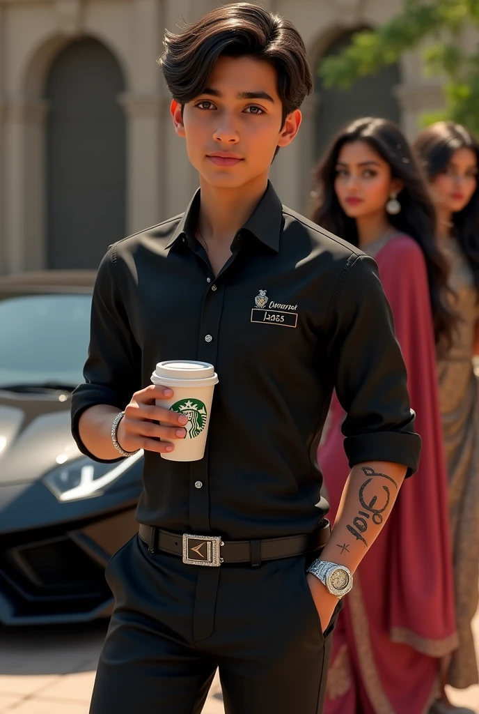 "Very handsome, fair-skinned young boy -15 yearormal black shirt with a Charvet logo, black pants, and wearing a diamond watch and a diamond belt. He is holding a glass of coffee with a Starbucks logo on it. The name 'Jass' is written on his arm, on his skin. A Lamborghini car is also visible in the scene. He should look like an officer or businessman. Two beautiful Punjabi girls in Punjabi suits are in the background looking at him. The scene should have a touch of Punjabi culture."
