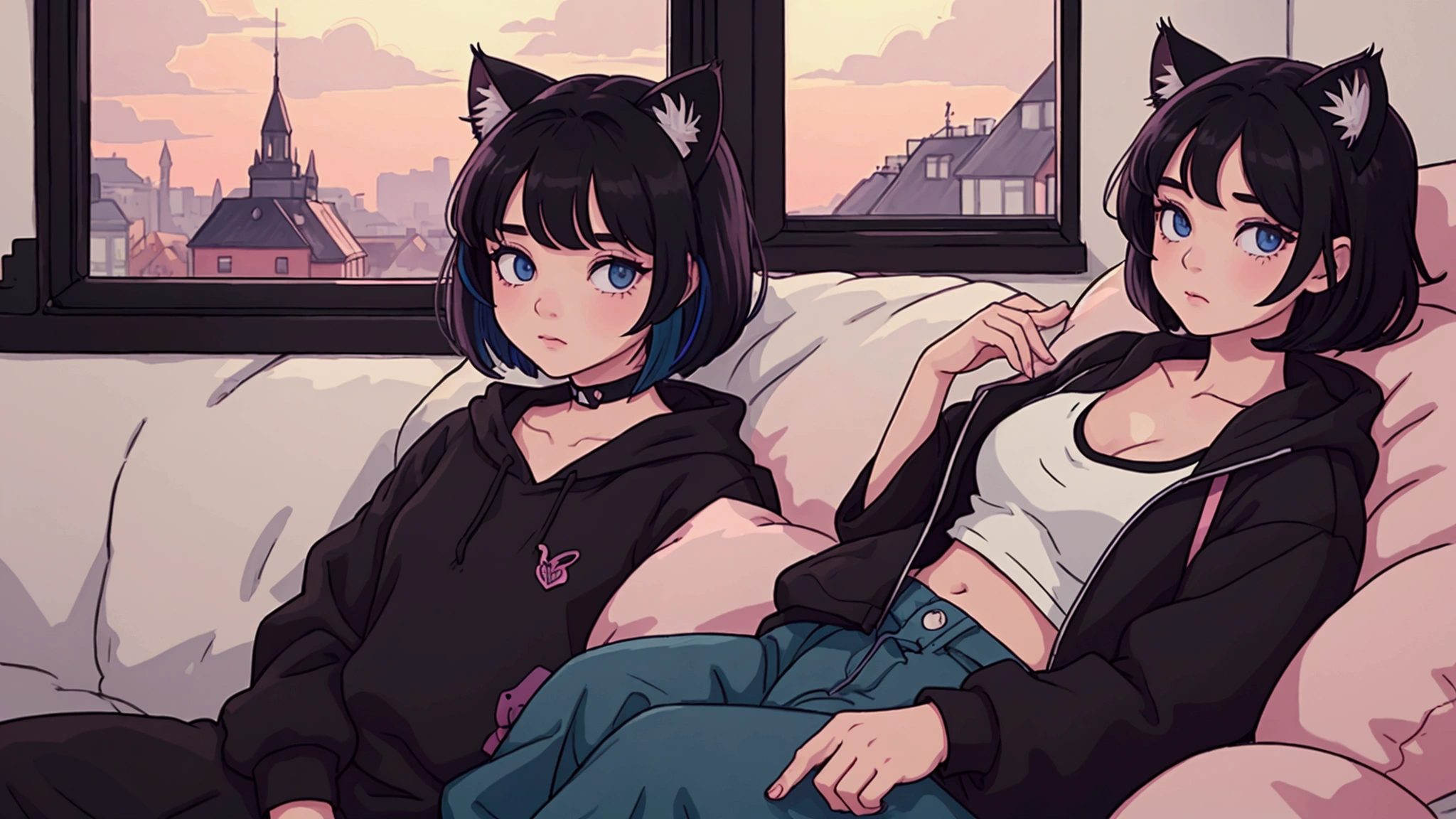 A girl with short black hair and cat ears, wearing dark clothes, with a relaxing atmosphere. She is a little further away, with a view of her from the waist up, listening to music, and the detailed and vibrant colors, reflecting an 80s and 90s anime aesthetic, mixed with a touch of Fujifilm aesthetics. The girl has beautiful eyes, and the entire composition is in 4K, capturing the lofi aesthetic with a soft and tranquil atmosphere.