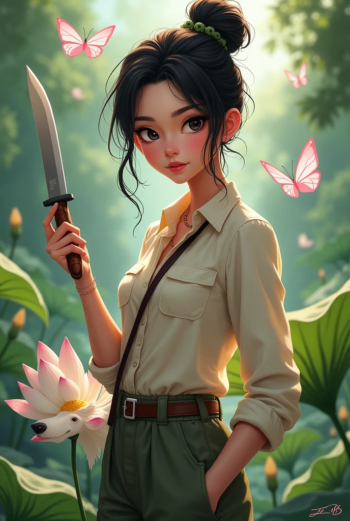 She is a girl who likes nature, she likes free style and aesthetics. She style is fierce. She symbolizes a woman with a high IQ and of course she is beautiful, with black eyes . Make it in animated form There is always a lotus flower that she likes. And he likes butterflies. He likes it in the house. Dress like an adventurer. Wearing an cream colored shirt , cargo pants Cream colored and adventure Knife in hand And hair in a bun. Ada kepala serigala sangat menyeramkan berwarna putih di bawah tangan sedang di belai