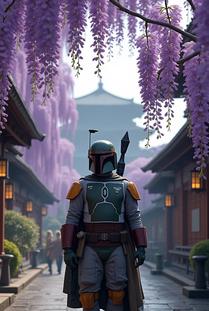 Boba Fett looks at wisteria at a temple in Kyoto、Star Wars、movie、Mandaean、