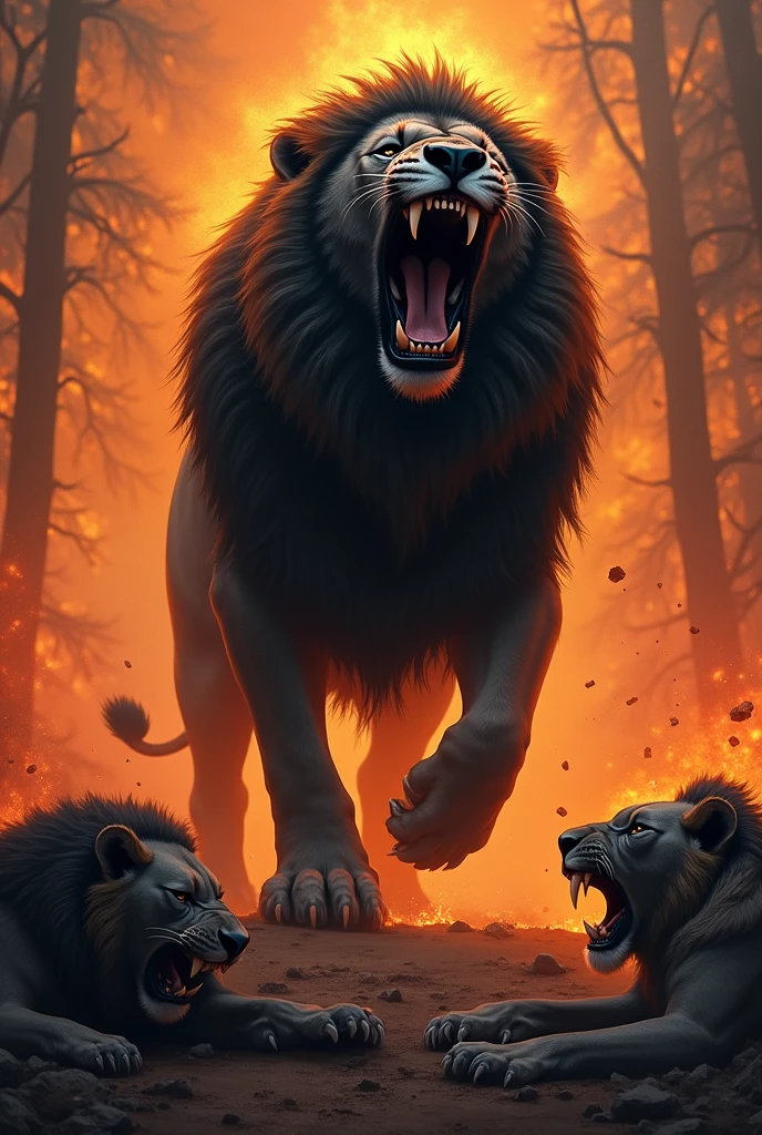 Black lion roaring in buring forest with 2 death bodys of loins