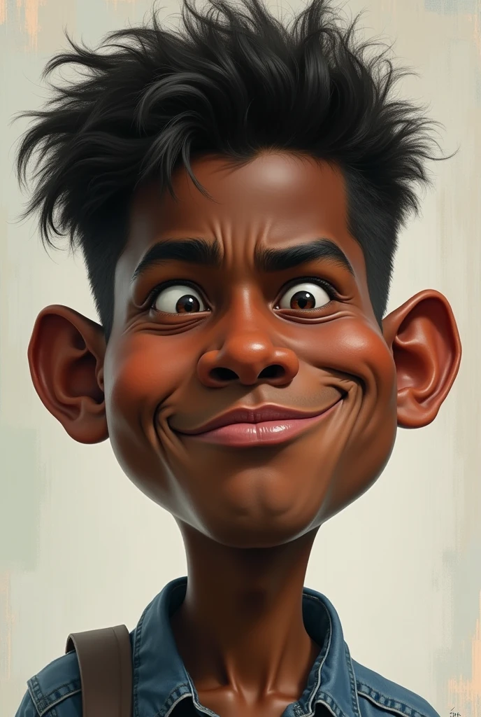young dark skinned teenager, Big head, big mouth, perfect nose, little eyes, bushy eyebrows, square face, , medina ears, medium lips, disheveled,