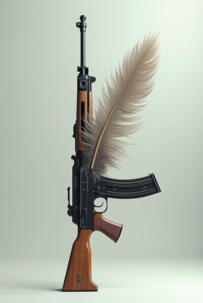 A bird feather ending in a Kalashnikov