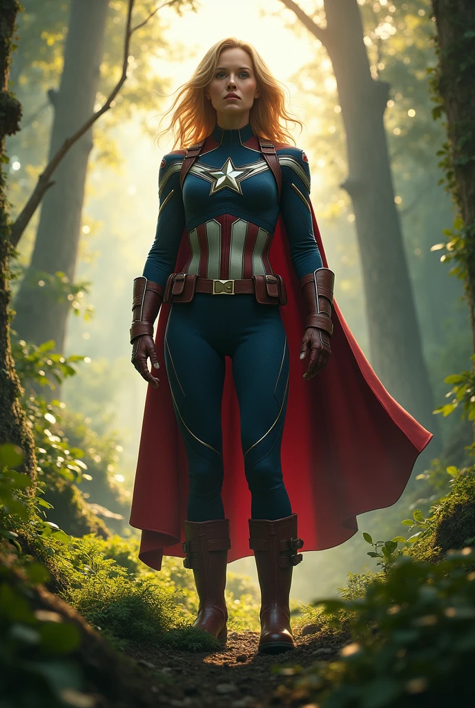 Imagine Female Captain America Costume in Side Forest, Wide Angle View,