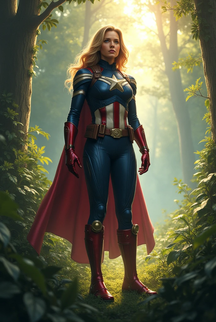 Imagine Female Captain America Costume in Side Forest, Wide Angle View,
