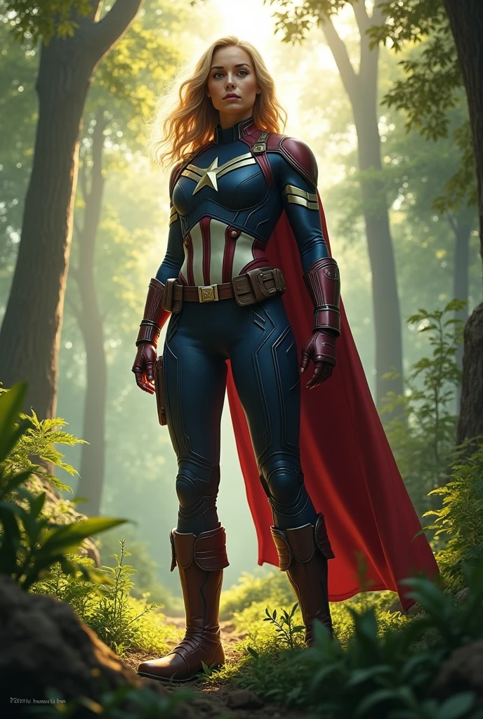 Imagine Female Captain America Costume in Side Forest, Wide Angle View,