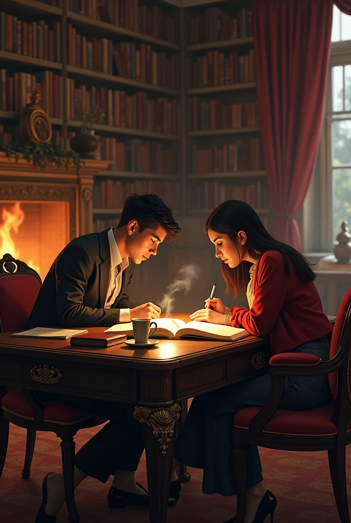 A couple writing a book in their home library.