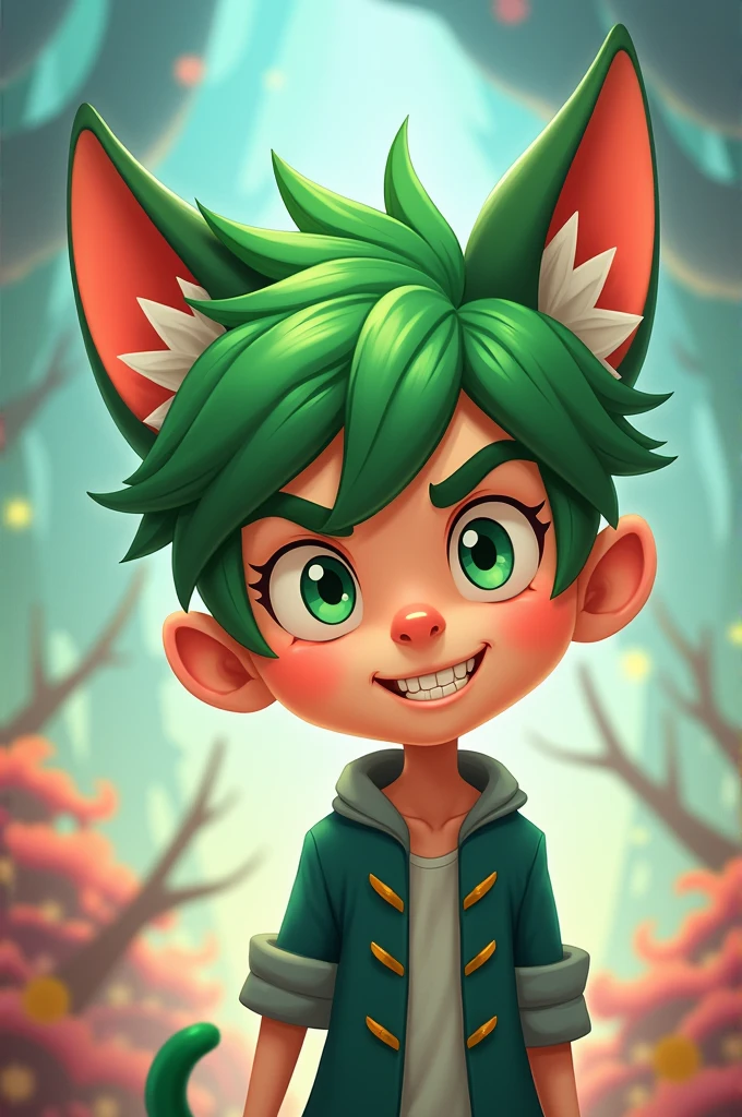 A male cartoon character with green hair and cat ears.