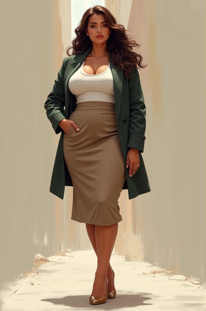 Woman, a bit overweight, skirt, everyday outfit, dark eyes, Brown air, elegant shoes