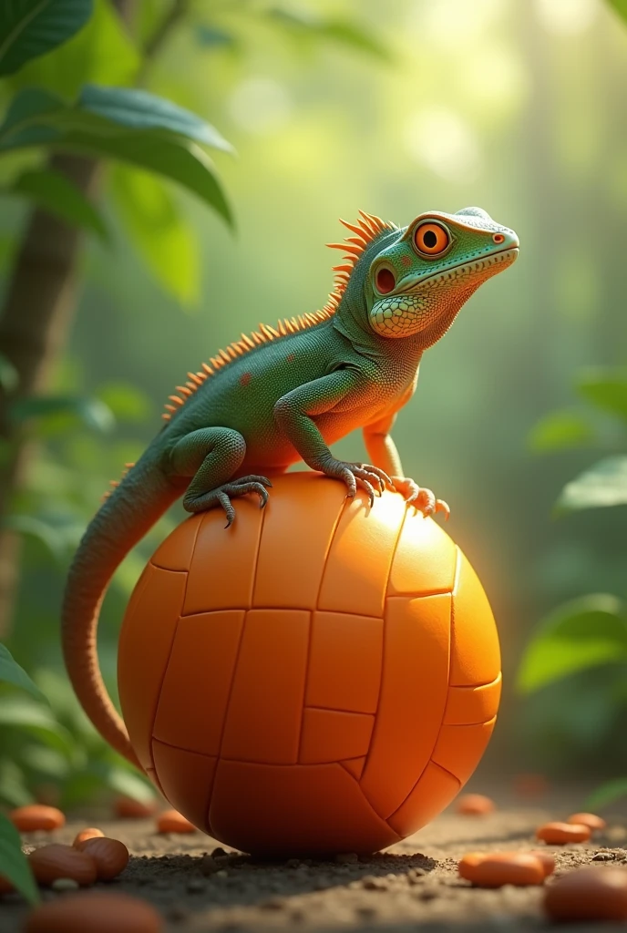 Lizard around an orange volleyball 