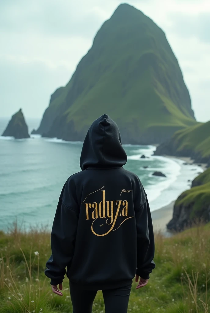 A woman stands on a plateau covered with lush green grass, her back facing the camera. He wore a black hoodie that contrasted with the natural surroundings. On the back of his hoodie, there is luxurious, shining gold writing that reads "RADYZA". The text stands out, as if exuding elegance amidst the serene landscape. In the distance stretches the vast sea with waves breaking on the rocks. You can see a tall mountain rising majestically, seen from the girl's perspective. At the foot of the mountain you can see standing firmly a line of vague sentences with the words "STARMAKER" in white, with letters designed with a horror theme, adding to the impression of mystery. The girl stared at the mountain in awe, while her arms stretched towards the sky, as if embracing the majesty of nature that lay before her.