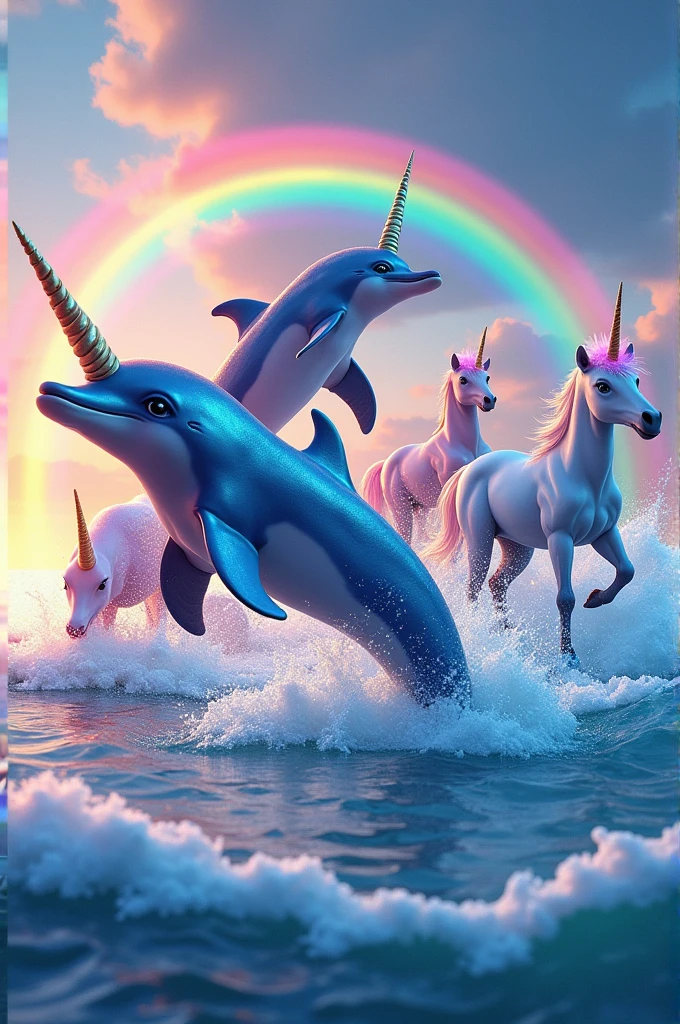 Colorful dolphins coming out of the water with rainbows and unicorns