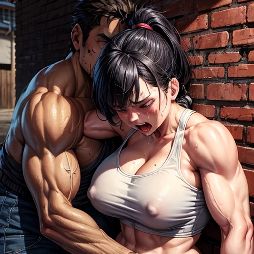 a male streetfighter and (bloody) beautiful Japanese heavyweight female streetfighter are fighting in the backstreet. He is pushing her up against the wall and attacking her face by hard punches. she is crying. they are covered in (blood) and (bruises). (Intense violence), her face is distorted by opponent's attack.they are damaged terribry. Short-cut black hair, out of breath, drooling from mouth, one eye is closed, exhausted, drenched in sweat. Erect nipples. open finger glove. tanktop, denimshorts, Whittled waistline, muscular, sixpack abs, very (thick arms and thighs), (super huge tits).